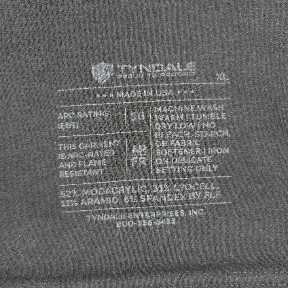 Tyndale Shirt Mens XL Black CAT2 AR FR Flame Resistant Thermal Base Layer Crew - Picture 3 of 11